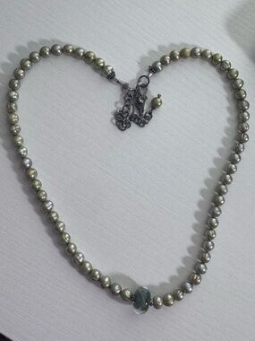 Classic Green Pearl Necklace with Aquamarine Accent